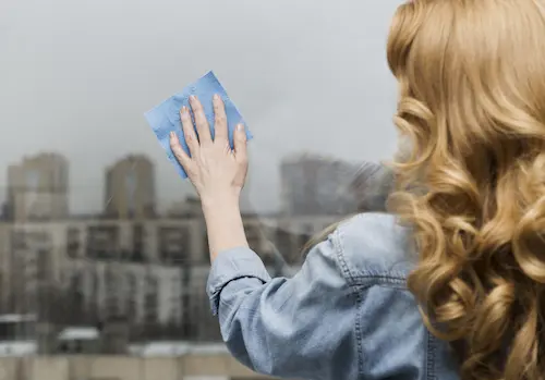 Personne nettoyant une vitre à l'aide d'un chiffon