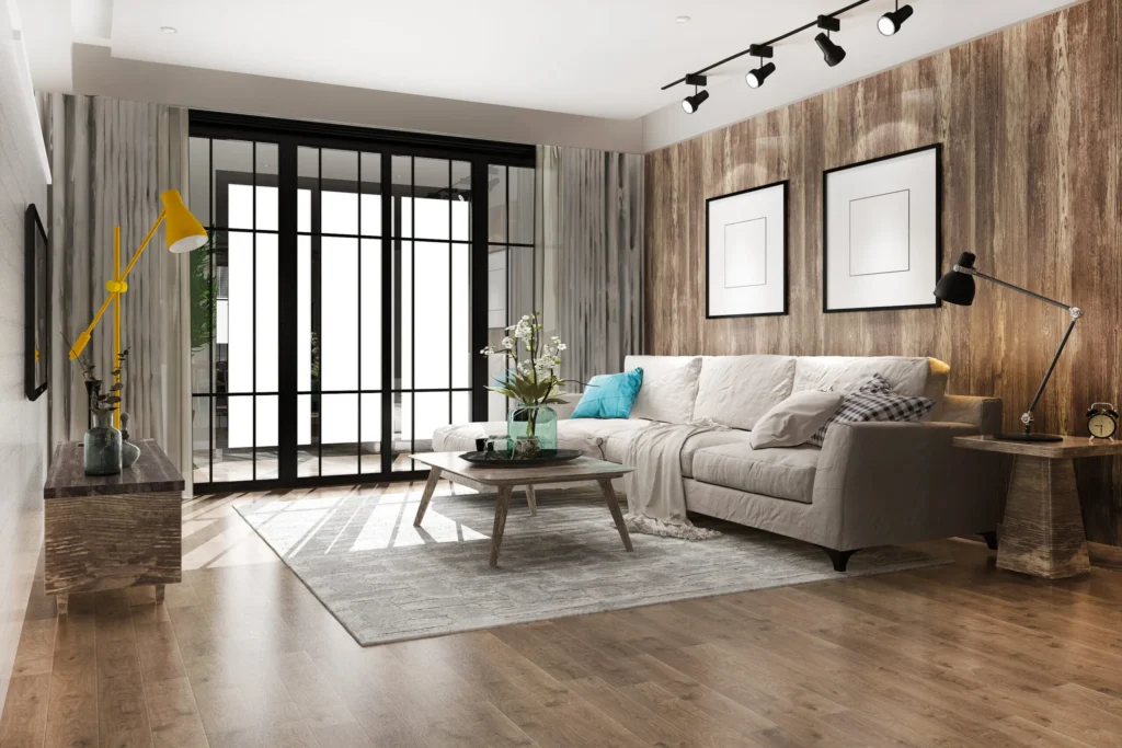 Salon design avec canapé, lumière naturelle et mobilier