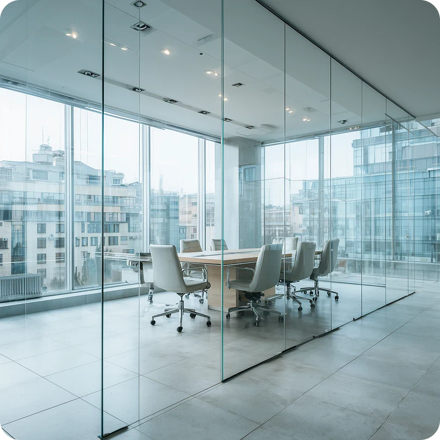 open space vitré propre avec grande table et chaises blanche autour